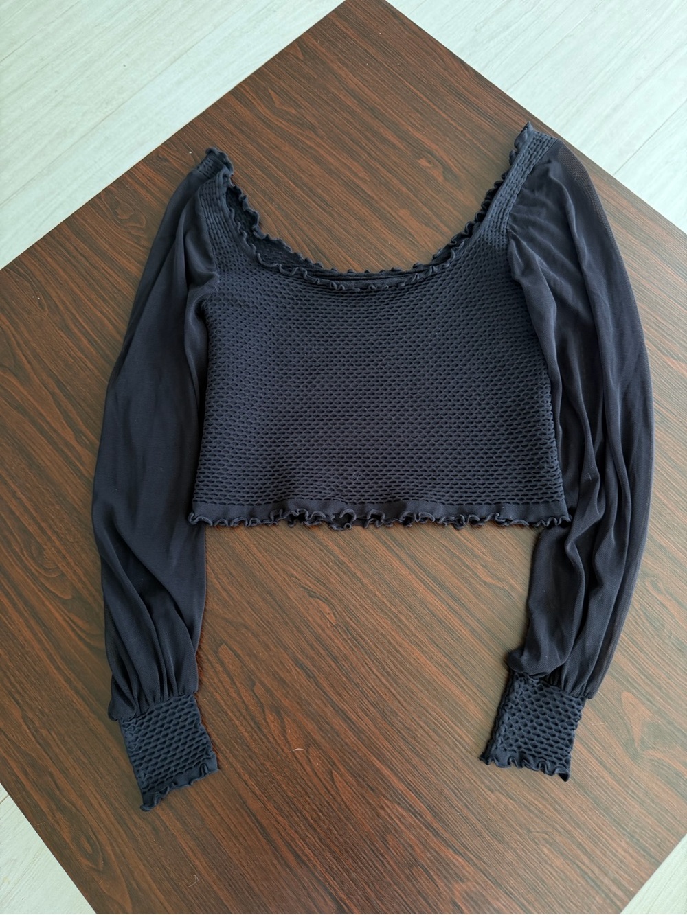 Free People Black Cropped Knit & Chiffon Sleeve - Meet Me Seamless Top M/L